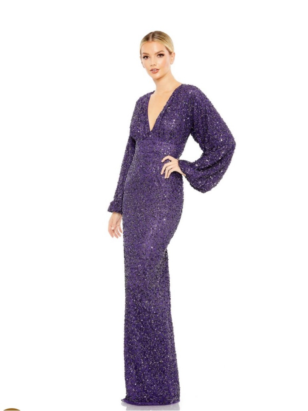Mac Duggal Purple Sequin Long Sleeve Deep V Neck Evening Gown Dress Size 2 NEW